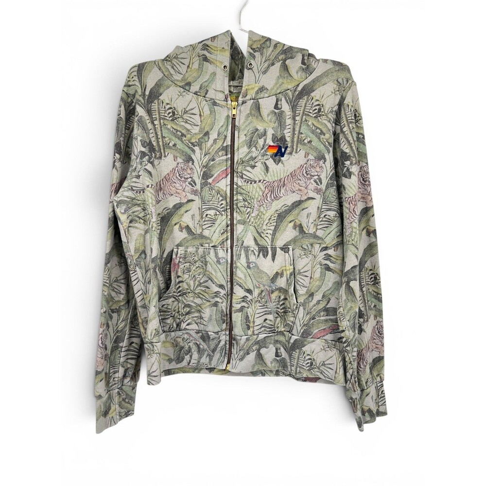 Aviator Nation Jungle Tiger Print Zip Up Hoodie M Tropical Parrot Fleece USA
